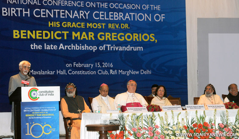 The Vice President, Shri M. Hamid Ansari addressing at the Birth Centenary Celebrations of His Grace Most Rev. Dr. Benedict Mar Gregorios, in New Delhi on February 15, 2016. The Union Minister for Minority Affairs, Dr. Najma A. Heptulla and other dignitaries are also seen.