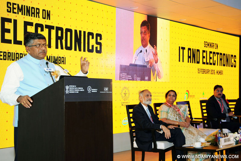 The Union Minister for Communications & Information Technology, Shri Ravi Shankar Prasad addressing at the Seminar on “IT and Electronics”, during the Make in India Week, in Mumbai on February 15, 2016.
