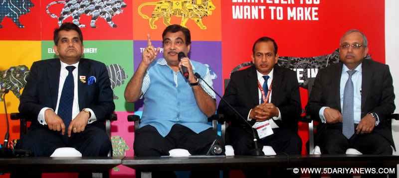 The Union Minister for Road Transport & Highways and Shipping, Shri Nitin Gadkari briefing the media at the Make in India Week function, in Mumbai on February 16, 2016. The Secretary, Department of Industrial Policy and Promotion (DIPP), Shri Amitabh Kant is also seen.