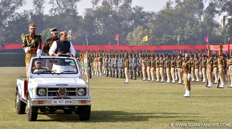 The Union Home Minister, Shri Rajnath Singh inspecting the parade on the occasion of the 69th Raising Day function of Delhi Police, in New Delhi on February 16, 2016. The Police Commissioner of Delhi, Shri B.S. Bassi is also seen.