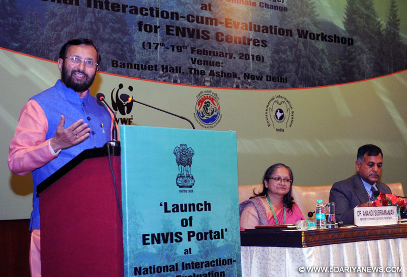 Prakash Javadekar delivering the presidential address at the National Interaction-cum-evaluation workshop for Environmental Information System (ENVIS) centres, in New Delhi on February 17, 2016. The Secretary, Ministry of Environment, Forest and Climate Change, Shri Ashok Lavasa is also seen.