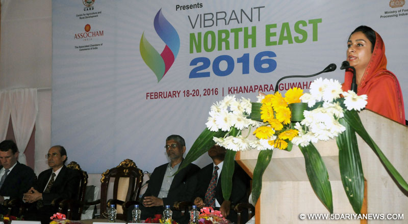 The Union Minister for Food Processing Industries, Smt. Harsimrat Kaur Badal delivering the inaugural address at a function ‘Vibrant North East 2016’, at Khanapara, Guwahati, Assam on February 18, 2016.