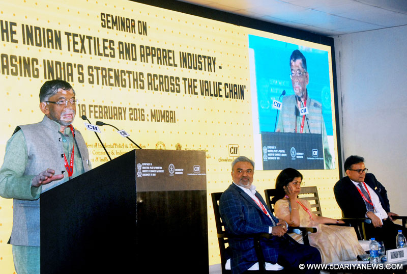 The Minister of State for Textiles (Independent Charge), Shri Santosh Kumar Gangwar addressing at the Seminar on “Showcasing India’s Strengths Across the Value Chain”, during the Make in India week function, in Mumbai on February 18, 2016. The Secretary, Ministry of Textiles, Ms. Rashmi Verma is also seen.