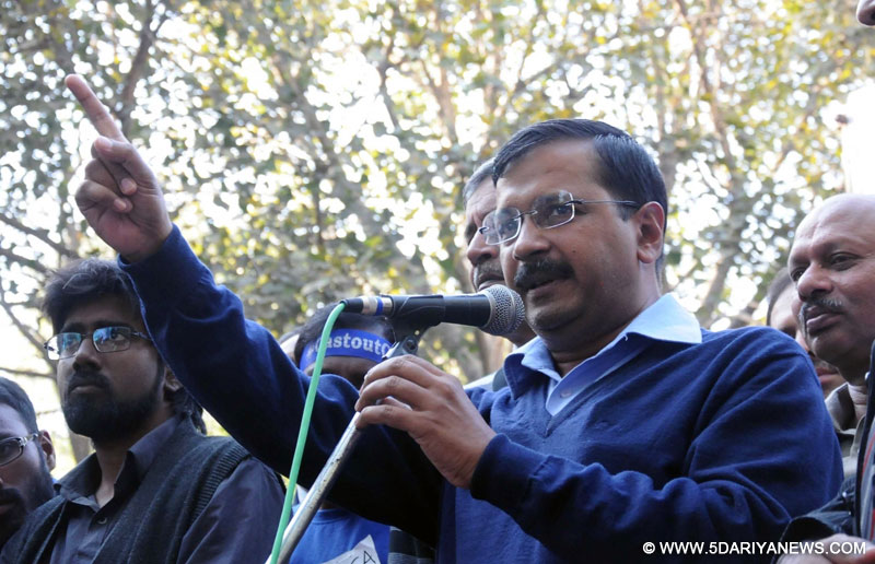 Arvind Kejriwal addresses during a protest to condemn the `institutional killing` of 26-year-old scholar of the University of Hyderabad (UoH), Rohith Vemula at Jantar Mantar in New Delhi, on Feb 23, 2016.