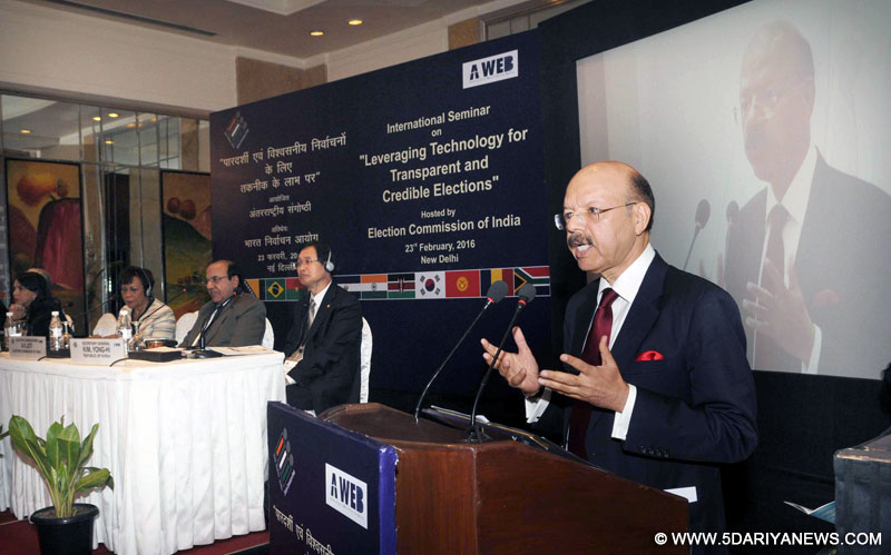The Chief Election Commissioner, Dr. Nasim Zaidi delivering the inaugural address at a WEB (Association of World Election Bodies) Seminar on “Leveraging Technology for Transparent and Credible Elections”, organised by the Election Commission of India, in New Delhi on February 23, 2016. The Election Commissioner, Shri A.K. Joti is also seen.