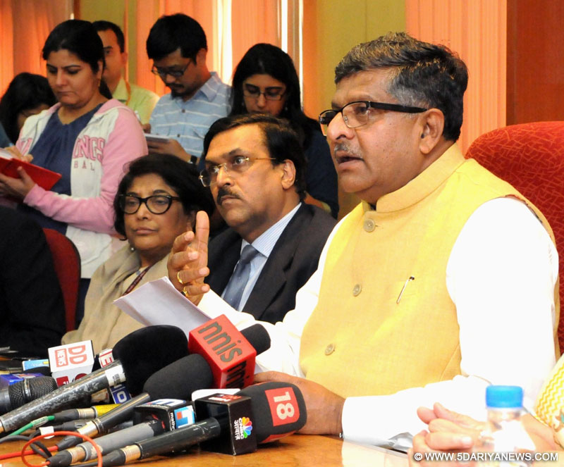  Union Minister for Communications & Information Technology Ravi Shankar Prasad during a press conference in New Delhi, on March 1, 2016.