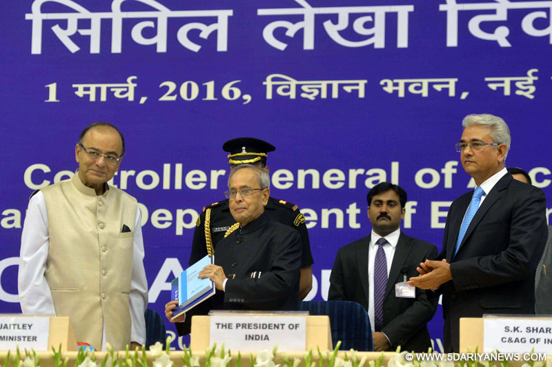 The Union Minister for Finance, Corporate Affairs and Information & Broadcasting, Shri Arun Jaitley released the book on the History of Civil Accounts Organisation and presenting the first copy to the President, Shri Pranab Mukherjee at the 40th Anniversary Celebrations of the Indian Civil Accounts Service, organised by the office of Controller General of Accounts (CGA), in New Delhi on March 01, 2016. The Comptroller & Auditor General of India, Shri Shashi Kant Sharma is also seen.