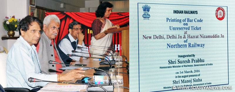 The Union Minister for Railways, Shri Suresh Prabhakar Prabhu launching the Bar-coding of Unreserved tickets at nominated counters on New Delhi, Delhi and Nizamuddin Railway Stations over Northern Railway, through Video Conferencing from Rail Bhavan, in New Delhi on March 01, 2016. The Minister of State for Railways, Shri Manoj Sinha and the Chairman, Railway Board, Shri A.K. Mital are also seen.
