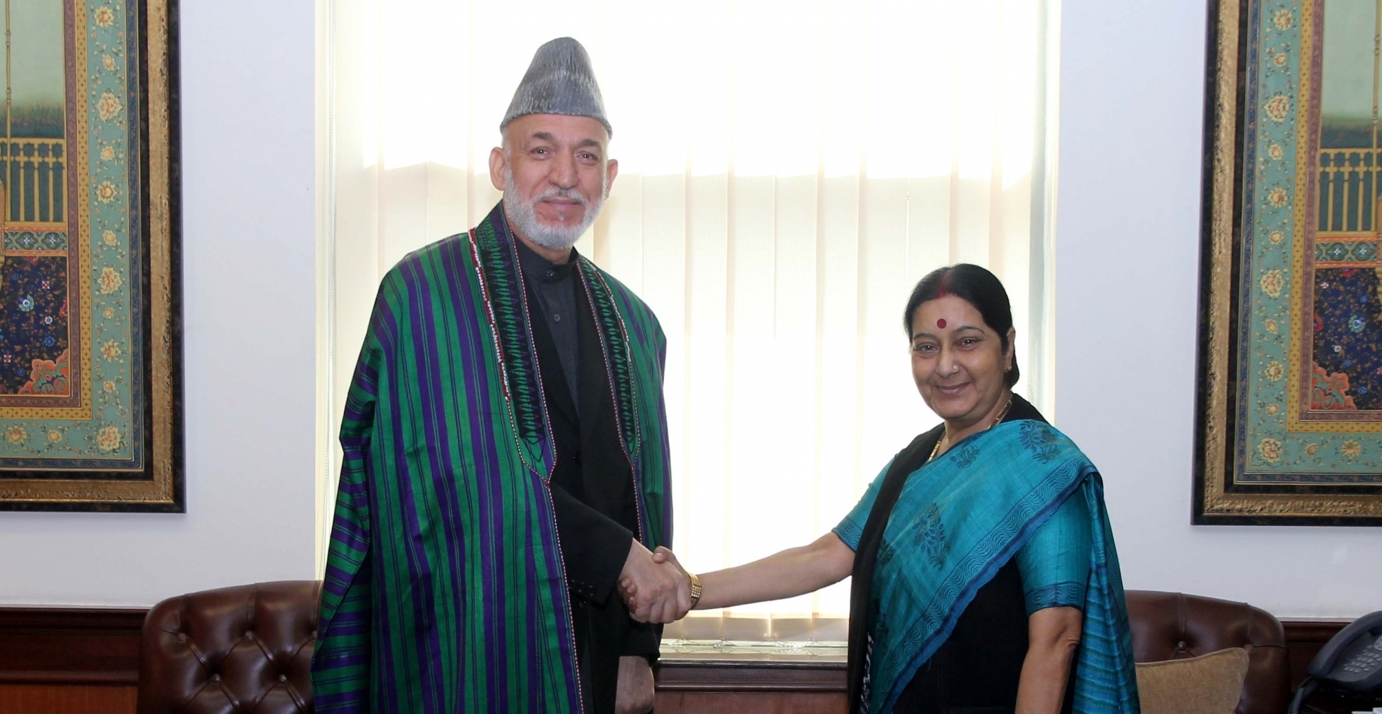 External Affairs Minister Sushma Swaraj meets Former President of Afghanistan Hamid Karzai in New Delhi, on March 2, 2016. 