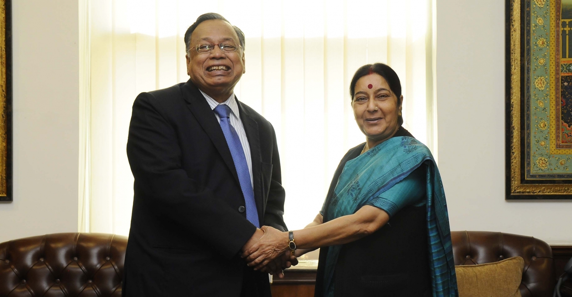 External Affairs Minister Sushma Swaraj meets Bangladesh Foreign Minister Abul Hassan Mahmud Ali in New Delhi, on March 2, 2016.