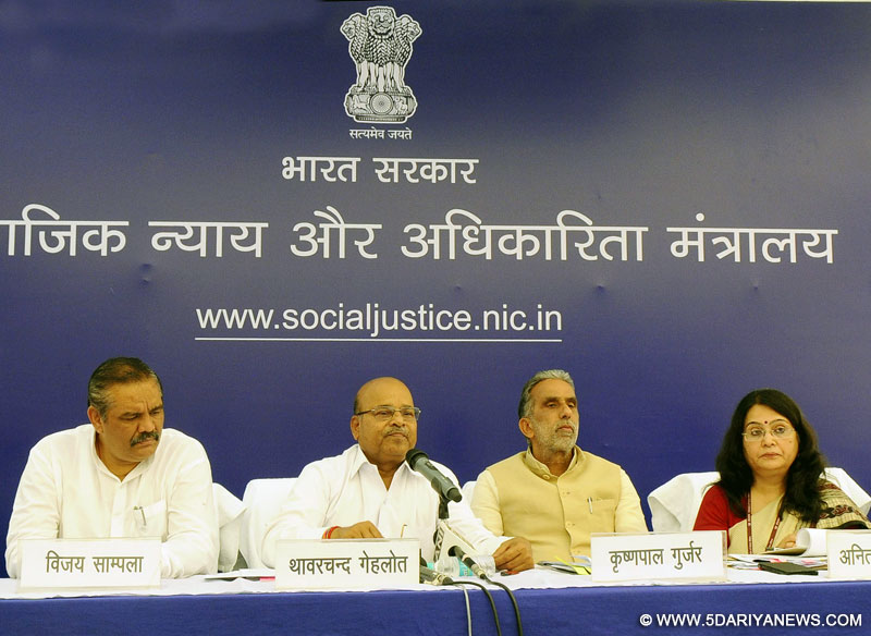 The Union Minister for Social Justice and Empowerment, Shri Thaawar Chand Gehlot addressing a press conference, in New Delhi on March 03, 2016. The Ministers of State for Social Justice & Empowerment, Shri Krishan Pal and Shri Vijay Sampla and the Secretary, Ministry of Social Justice and Empowerment, Ms. Anita Agnihotri are also seen.