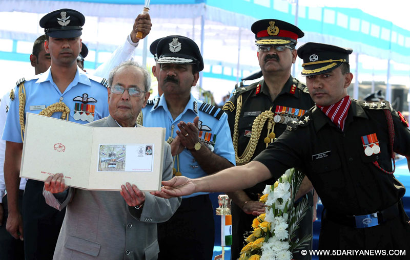 The President, Shri Pranab Mukherjee releasing a commemorative postage stamp at the presentation ceremony of the President’s Standard and Colours to 119 Helicopter Unit, 28 Equipment Depot, at Air Force Station, Jamnagar, in Gujarat on March 04, 2016. The Chief of the Air Staff, Air Chief Marshal Arup Raha is also seen.