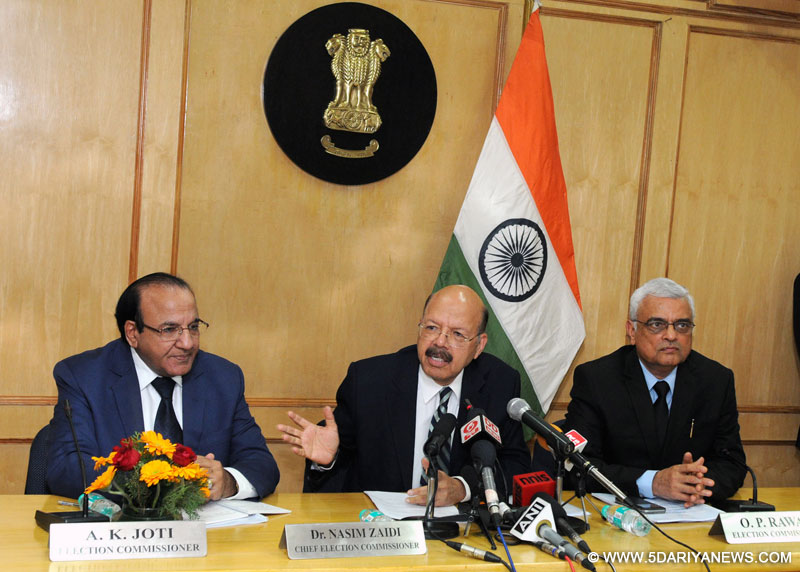 The Chief Election Commissioner, Dr. Nasim Zaidi along with the Election Commissioners, Shri A.K. Joti and Shri O.P. Rawat addressing a press conference, in New Delhi on March 04, 2016.