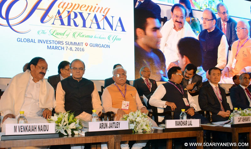 Union Urban Development, Housing and Urban Poverty Alleviation Minister Venkaiah Naidu, Union Minister for Finance, Corporate Affairs and Information & Broadcasting Arun Jaitley, Haryana Chief Minister Manohar Lal Khattar, Industries Minister, Capt. Abhimanyu and Dalian Wanda Group Chairman Wang Jianlin at the `Happening Haryana Global Investors Summit-2016` in Gurgaon, on March 7, 2016. 