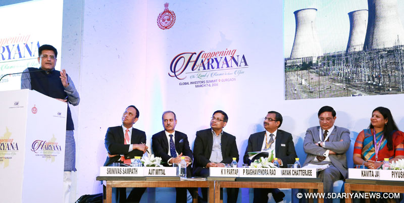 The Minister of State (Independent Charge) for Power, Coal and New and Renewable Energy, Shri Piyush Goyal addressing at the “Happening Haryana” Global Investors’ Summit, in Gurgaon on March 08, 2016.