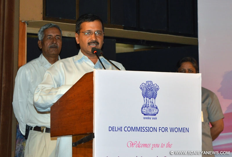 Delhi Chief Minister Arvind Kejriwal addresses during the 1st Annual Awards Ceremony of Delhi Commission for Women (DCW) organised on International Women`s Day in New Delhi on March 8, 2016. 
