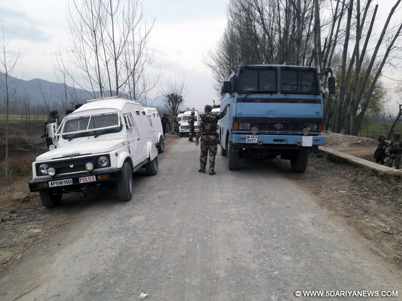 Security personnel at the site of ongoing gunfight between security forces and militants in Awantipora, Pulwama on March 9, 2016. 