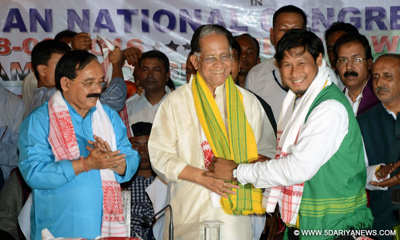 Biswajit Rai Former president of All Koch Rajbongshi Students` Union (AKRSU) joins Congress in the presence of Chief Minister Tarun Gogoi and APCC president Anjan Dutta at Rahiv Bhawan in Guwahati 