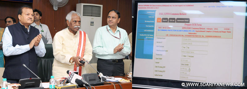 The Minister of State for Labour and Employment (Independent Charge), Shri Bandaru Dattatreya launching the Common Registration Facility under 5 Labour Acts on e-biz Portal, integration of the Annual Return under Mines Act 1952 and common ECR for EPFO/ESIC with the Shram Suvidha Portal, in New Delhi on March 09, 2016. The Secretary, Ministry of Labour and Employment, Shri Shankar Aggarwal is also seen.