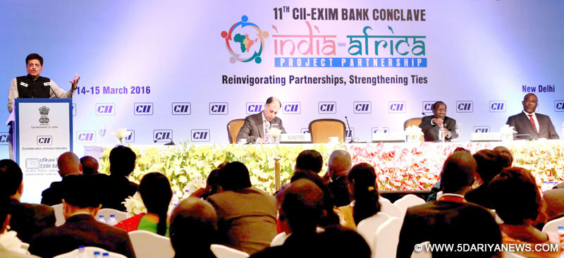 The Minister of State (Independent Charge) for Power, Coal and New and Renewable Energy, Shri Piyush Goyal addressing the CII-EXIM Bank Conclave on India Africa Project Partnership, in New Delhi on March 15, 2016.