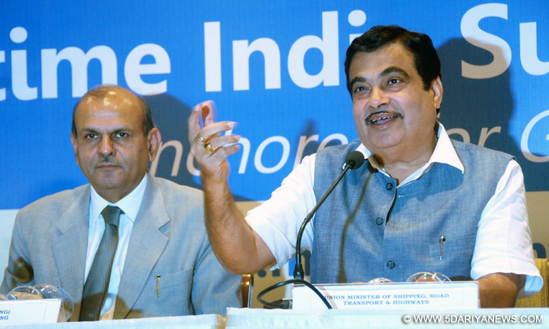 The Union Minister for Road Transport & Highways and Shipping, Shri Nitin Gadkari addressing the press conference regarding “Maritime India Summit 2016”, in Mumbai on March 18, 2016. The Secretary, Ministry of Shipping, Shri Rajive Kumar is also seen.