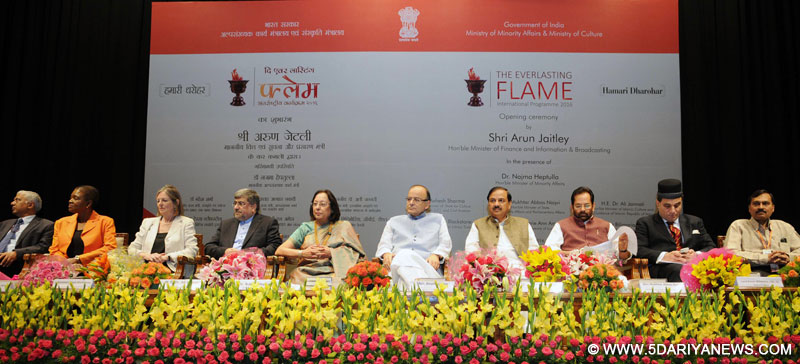 The Union Minister for Finance, Corporate Affairs and Information & Broadcasting, Shri Arun Jaitley at the inauguration of the Parsi Exhibition-“the Everlasting Flame” International programme 2016, in New Delhi on March 19, 2016. The Union Minister for Minority Affairs, Dr. Najma A. Heptulla, the Minister of State for Culture (Independent Charge), Tourism (Independent Charge) and Civil Aviation, Dr. Mahesh Sharma, the Minister of State for Minority Affairs and Parliamentary Affairs, Shri Mukhtar