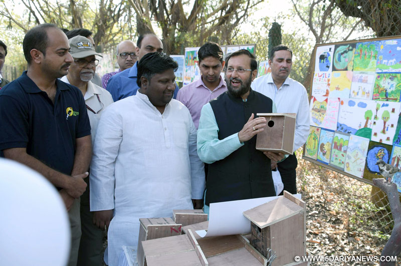 The Minister of State for Environment, Forest and Climate Change (Independent Charge), Shri Prakash Javadekar and the Minister of Environment and Forest, Delhi, Shri Imran Hussain looking at the exhibition put up by school children, on the occasion of the International Day of Forests, at Asola Bhatti sanctuary, in New Delhi on March 21, 2016.