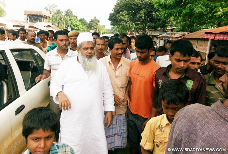 All India United Democratic Front (AIUDF) Chief Maulana Badruddin Ajmal visits flood affected areas of Krishnai in Goalpara district of Assam, on Sept. 
