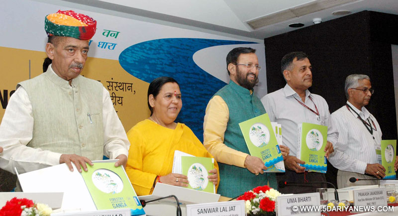 The Union Minister for Water Resources, River Development and Ganga Rejuvenation, Sushri Uma Bharti, the Minister of State for Water Resources, River Development & Ganga Rejuvenation, Shri Sanwar Lal Jat and the Minister of State for Environment, Forest and Climate Change (Independent Charge), Shri Prakash Javadekar releasing the DPR on Forestry Interventions for Ganga, prepared by the Forest Research Institute, Dehradun, in New Delhi on March 22, 2016. The Secretary, Ministry of Environment, Fo