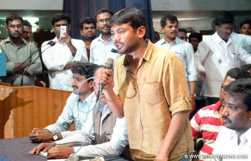 JNUSU president Kanhaiya Kumar addresses during a conference where a shoe was hurled at him in Hyderabad, on March 24, 2016. 