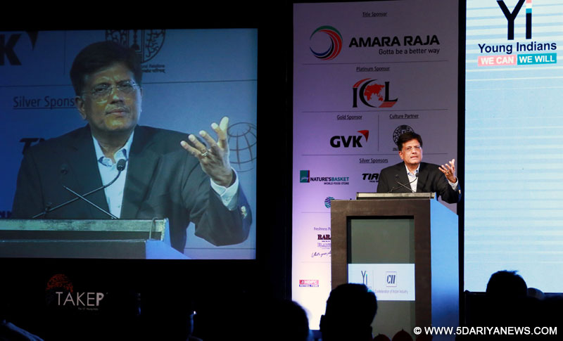 The Minister of State (Independent Charge) for Power, Coal and New and Renewable Energy, Shri Piyush Goyal addressing at the CII - Young Indians: Take Pride 2016 summit, in New Delhi on March 25, 2016.