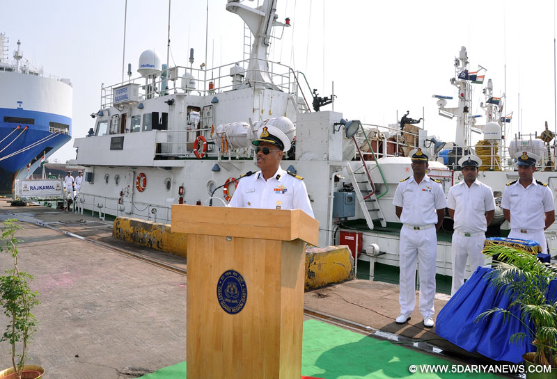 Deputy Inspector General MA Thalha, Chief of Staff, Coast Guard Region (East) addresses during the farewell ceremony to the ship and boats in Chennai on March 25, 2016.