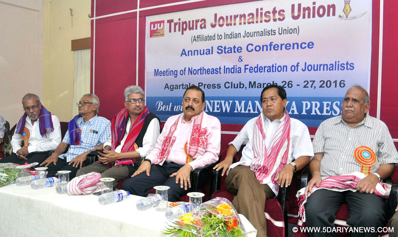The Minister of State for Development of North Eastern Region (I/C), Prime Minister’s Office, Personnel, Public Grievances & Pensions, Department of Atomic Energy, Department of Space, Dr. Jitendra Singh at the inaugural session of the Tripura Journalists union’s State Conference and meeting of Northeast India Federation of Journalists, in Agartala, Tripura on March 26, 2016.