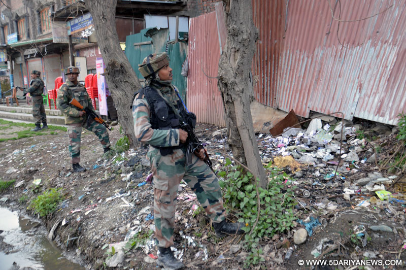An army jawans on high alert after a grenade attack in Bijbehara area of Kashmir