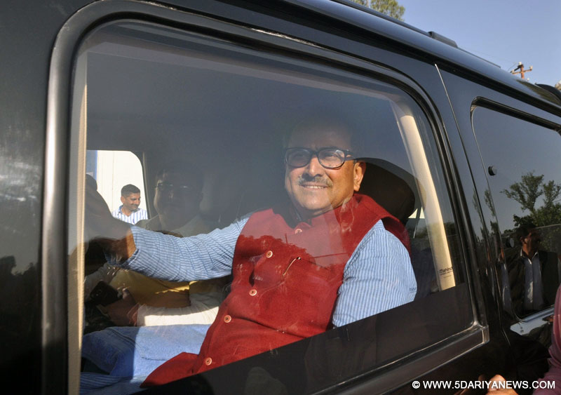 BJP leader Nirmal Singh leaves after meeting Jammu and Kashmir Governor N N Vohra in Jammu on March 26, 2016.