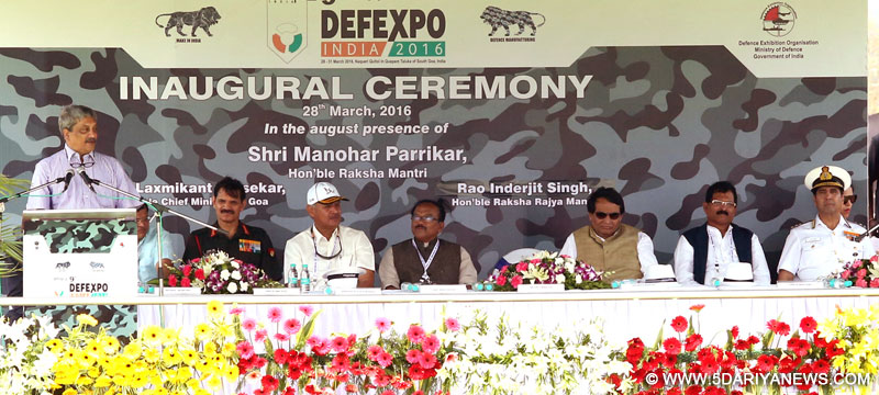 The Union Minister for Defence, Shri Manohar Parrikar addressing at the inauguration of the 9th Edition of Defexpo-2016, in Goa on March 28, 2016. The Union Ministers, Shri Suresh Prabhakar Prabhu, Shri Rao Inderjit Singh and Shri Shripad Yesso Naik, the Chief Minister of Goa, Shri Laxmikant Parsekar, the Chief of Army Staff, General Dalbir Singh and the Chief of Naval Staff, Admiral R.K. Dhowan are also seen.