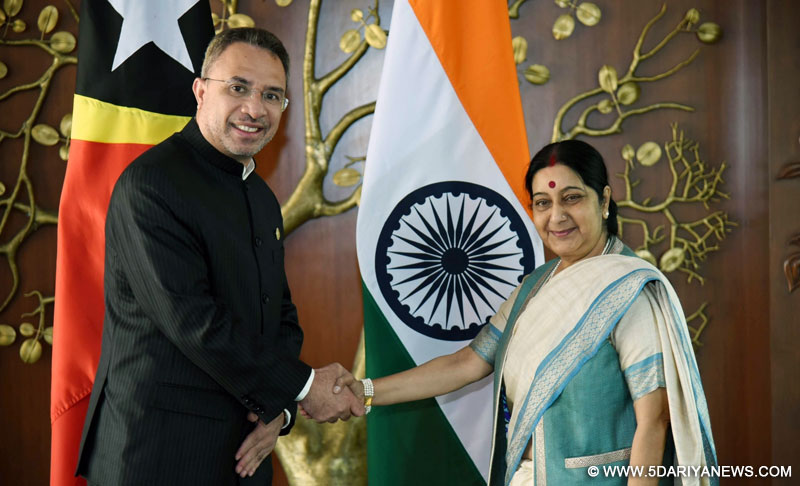 External Affairs Minister Sushma Swaraj meets Hernani Coelho, Foreign Minister of Timor-Leste in New Delhi on March 28, 2016. 