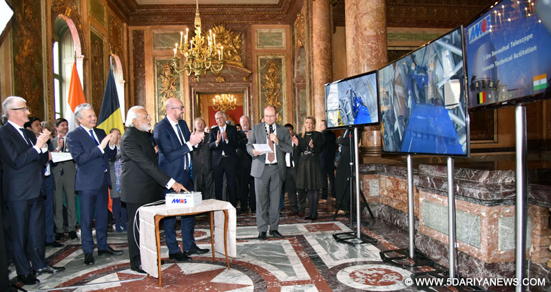 The Prime Minister, Shri Narendra Modi and the Prime Minister of Belgium, Mr. Charles Michel, during the Remote Technical Activation of India-Belgium Aryabhatta Research Institute of Observational Sciences (ARIES) Telescope, in Brussels, Belgium on March 30, 2016.