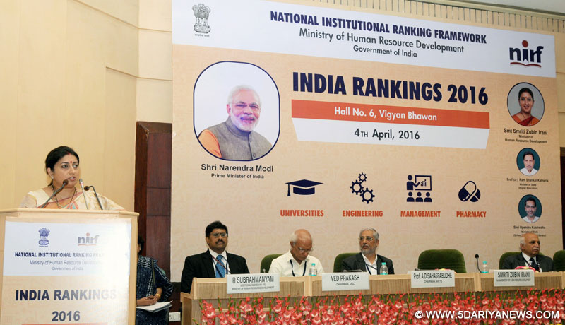 The Union Minister for Human Resource Development, Smt. Smriti Irani addressing at the release of the India Ranking Report 2016, in New Delhi on April 04, 2016. The Secretary, Department of Higher Education, Shri V.S. Oberoi and other dignitaries are also seen.