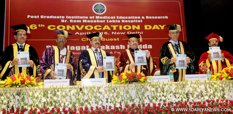 The Union Minister for Health & Family Welfare, Shri J.P. Nadda releasing the brochure at the 6th convocation ceremony of the Post Graduate Institute of Medical Education and Research (PGIMER) Dr. Ram Manohar Lohia Hospital, in New Delhi on April 04, 2016. The Minister of State for Development of North Eastern Region (I/C), Prime Minister’s Office, Personnel, Public Grievances & Pensions, Department of Atomic Energy, Department of Space, Dr. Jitendra Singh, the Secretary (Health and Family Welfa