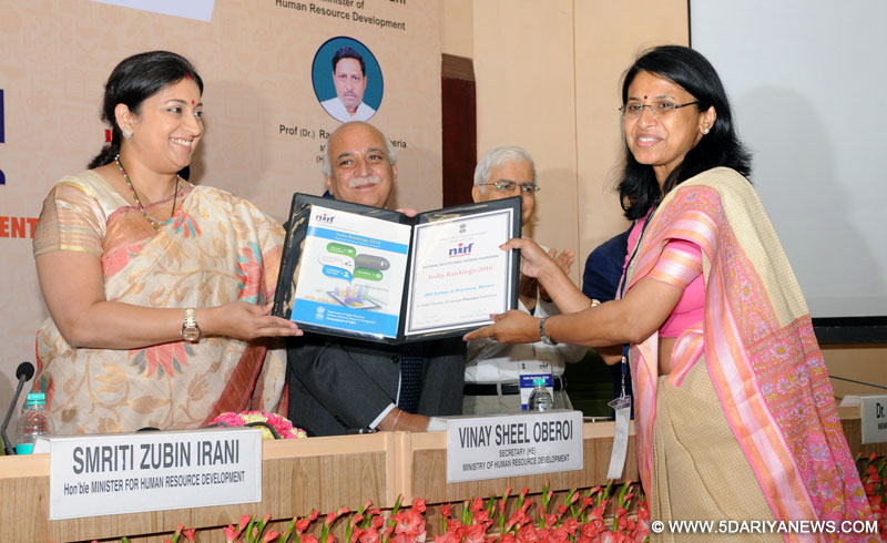 The Union Minister for Human Resource Development, Smt. Smriti Irani releasing the India Rankings 2016, at a function, in New Delhi on April 04, 2016. The Secretary, Department of Higher Education, Shri V.S. Oberoi is also seen.