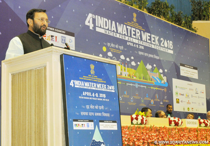 The Minister of State for Environment, Forest and Climate Change (Independent Charge), Shri Prakash Javadekar addressing at the inauguration of the 4th India Water Week-2016, in New Delhi on April 04, 2016.