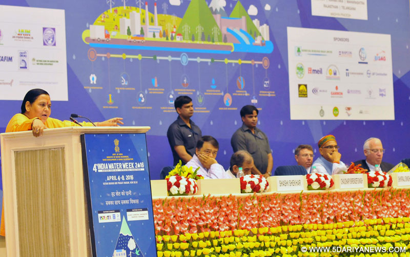 The Union Minister for Water Resources, River Development and Ganga Rejuvenation, Sushri Uma Bharti addressing at the inauguration of the 4th India Water Week-2016, in New Delhi on April 04, 2016.