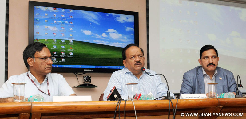 The Union Minister for Science & Technology and Earth Sciences, Dr. Harsh Vardhan addressing a Press Conference after launching the Surya Jyoti, a Photo – Voltaic Integrated Micro Solar Dome, developed under the aegis of Department of Science & Technology, in New Delhi on April 05, 2016. The Minister of State for Science and Technology and Earth Science, Shri Y.S. Chowdary and the Secretary, Ministry of Science & Technology & Earth Sciences, Shri Ashuthosh Sharma are also seen.