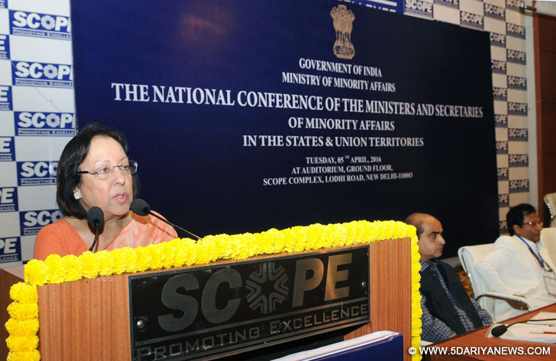 The Union Minister for Minority Affairs, Dr. Najma A. Heptulla addressing at the inauguration of the National Conference of Ministers and Secretaries of Minorities Welfare in State Governments and Union Territories, in New Delhi on April 05, 2016. 