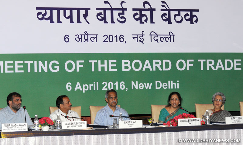 The Minister of State for Commerce & Industry (Independent Charge), Nirmala Sitharaman addressing the Board of Trade Meeting, in New Delhi on April 06, 2016. The Commerce Secretary, Ms. Rita A. Teaotia and other dignitaries are also seen.