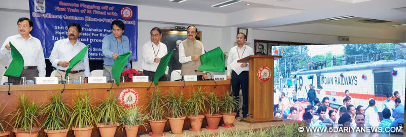 The Union Minister for Railways, Shri Suresh Prabhakar Prabhu flagging off the Shan-e-Punjab Express fitted with CCTV surveillance cameras through video conferencing between Rail Bhawan, New Delhi and Amritsar Railway Station, in New Delhi on April 08, 2016. The Railway Board Members and senior officials are also seen.
