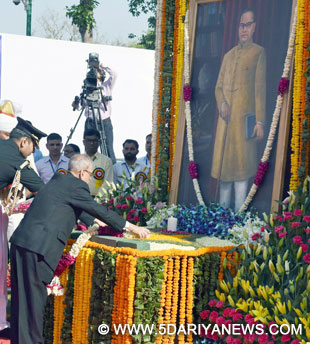 The President, Shri Pranab Mukherjee paying floral tributes to Babasaheb Dr. B.R. Ambedkar on the occasion of his 125th birth anniversary, at Parliament House, in New Delhi on April 14, 2016. 