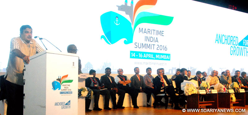 The Union Minister for Road Transport & Highways and Shipping, Shri Nitin Gadkari addressing at the valedictory function of the Maritime India Summit, in Mumbai on April 15, 2016. The Union Home Minister, Shri Rajnath Singh, the Secretary, Ministry of Shipping, Shri Rajive Kumar and other dignitaries are also seen.