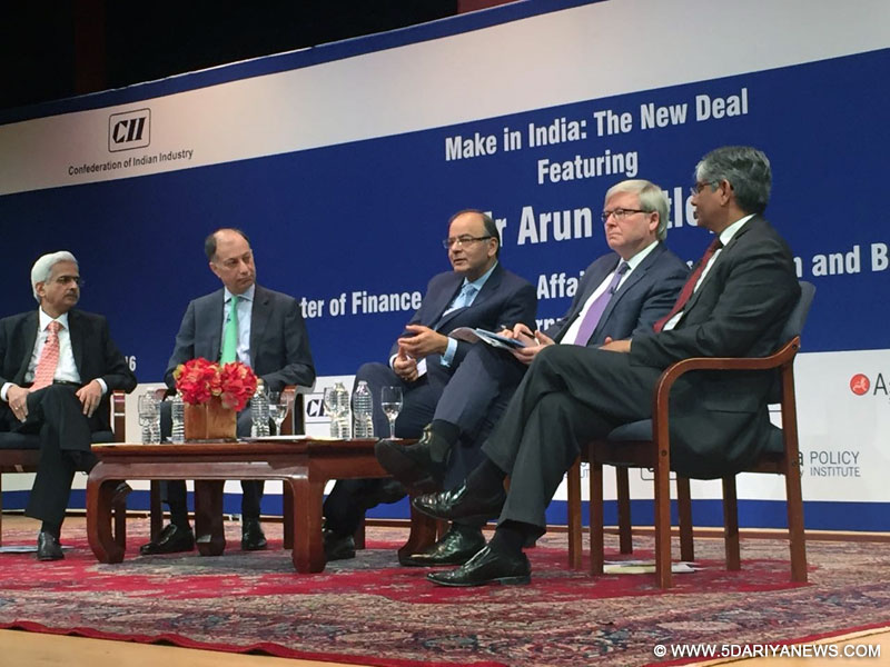Union Minister for Finance, Corporate Affairs, and Information and Broadcasting Arun Jaitley and Ambassador of India to US Arun Kumar Singh with CII President Dr Naushad Forbes, Asia Society Policy Institute President Kevin Rudd during CII-Asia Society Policy Institute session on "Make in India: the new deal " in New York,